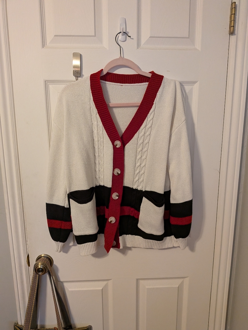 Women's Cream Cardigan Sweater with Black and Red Trim